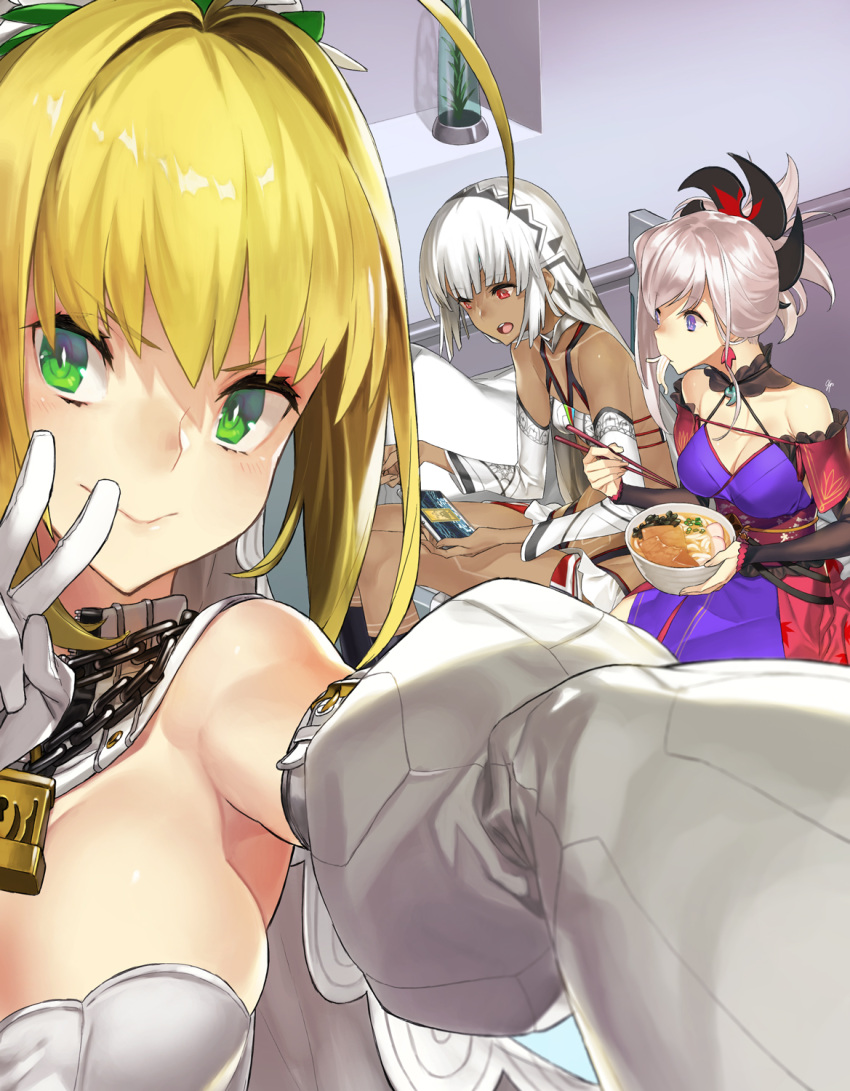 3girls 92m ahoge altera_(fate) bare_shoulders blonde_hair blue_eyes blush bodysuit bowl breasts cellphone chains chopsticks cleavage commentary_request dark_skin detached_sleeves earrings eating fate/extra fate/extra_ccc fate/grand_order fate_(series) flower food gloves green_eyes hair_ornament highres holding japanese_clothes jewelry kimono large_breasts lock long_hair looking_at_viewer miyamoto_musashi_(fate/grand_order) multiple_girls noodles open_mouth padlock phone playing_games ponytail ramen red_eyes saber_bride saber_extra sash self_shot sitting smile v veil white_hair