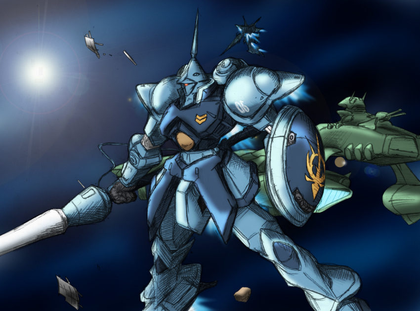 gradient gradient_background gundam gyan mecha mobile_suit_gundam musai shield space space_craft tasoku_hokou_heiki weapon