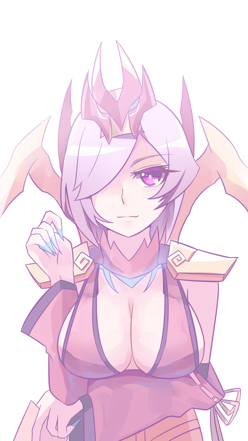 1girl aqua_nails blush breast_hold breasts closed_mouth detached_sleeves elise_(league_of_legends) female hair_ornament league_of_legends long_nails looking_at_viewer nail_polish pink_eyes ribbon short_hair sideboob simple_background smile solo white_hair zhainan_s-jun