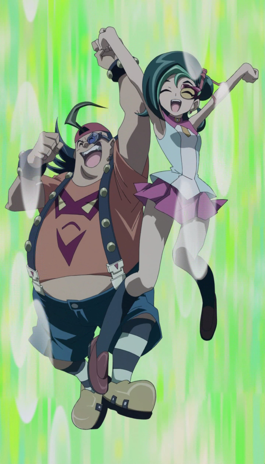 1boy 1girl black_hair female gradient gradient_background green_hair happy jumping mizuki_kotori_(yuu-gi-ou_zexal) screencap shoes smile striped_background yu-gi-oh! yuu-gi-ou_zexal