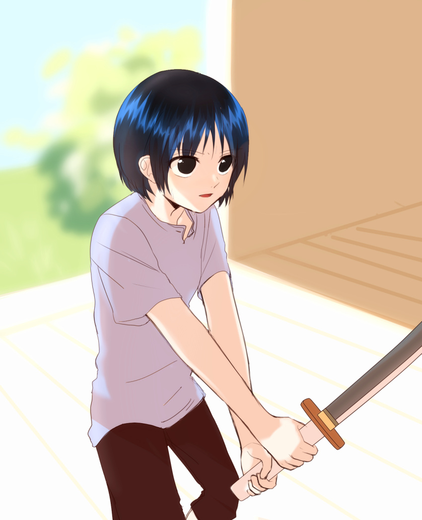 1girl capris child katana kuina one_piece shirt short_hair solo sword t-shirt wado_ichimonji weapon