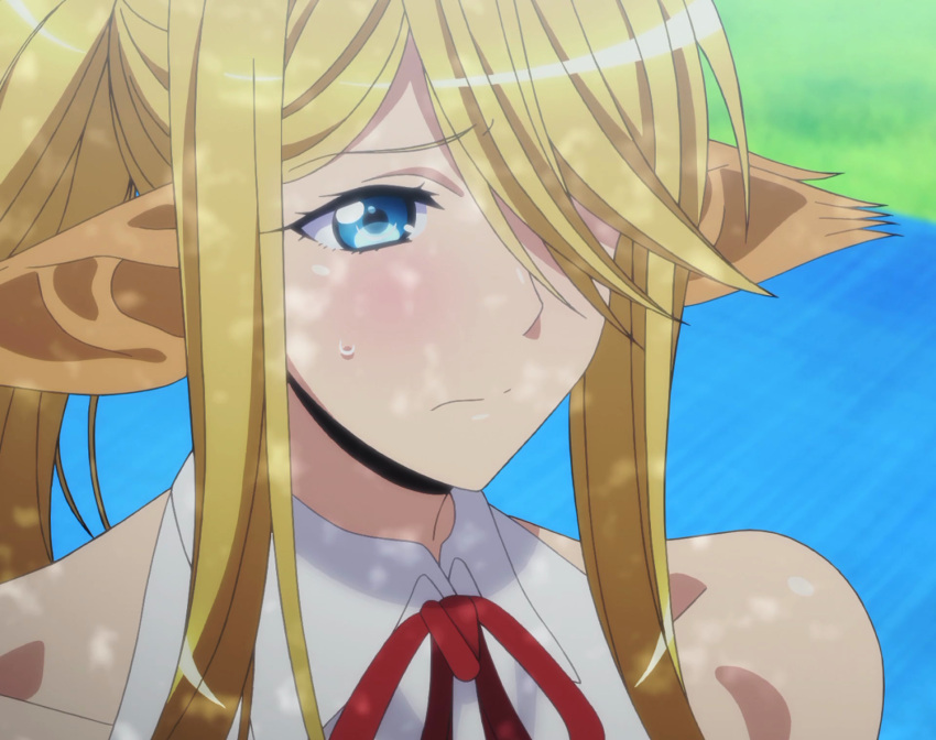 1girl blonde_hair blue_eyes centorea_shianus hair_over_one_eye highres long_hair monster_girl monster_musume_no_iru_nichijou sad solo standing stitched