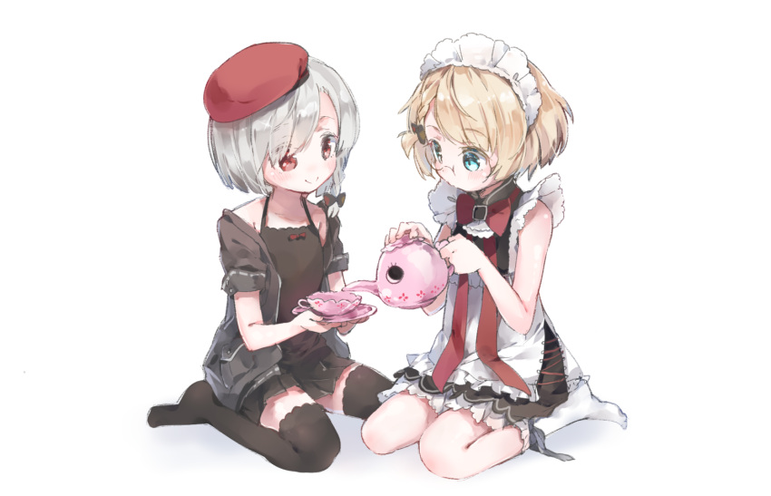 2girls apron beret black_legwear blonde_hair blue_eyes bob_cut braid camisole child collarbone cup flush full_body g36_(girls_frontline) g36c_(girls_frontline) girls_frontline glasses hair_ribbon hat jacket maid maid_apron maid_headdress multiple_girls off_shoulder personification pleated_skirt pouring pursed_lips red_eyes red_ribbon ribbon semi-rimless_glasses shoes_removed short_hair short_sleeves shuzi side_braid silver_hair simple_background single_braid sitting skirt smile socks tea_kettle tea_set teacup thigh-highs wariza white_background white_legwear younger