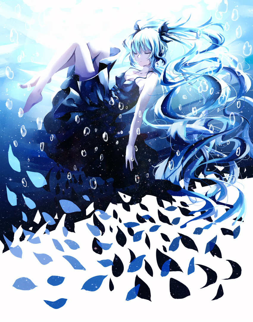 1girl barefoot blue_hair bubble closed_eyes crying dress feet hatsune_miku highres long_hair muye ribbon shinkai_shoujo_(vocaloid) sleeveless solo tears tied_hair twintails underwater vocaloid water