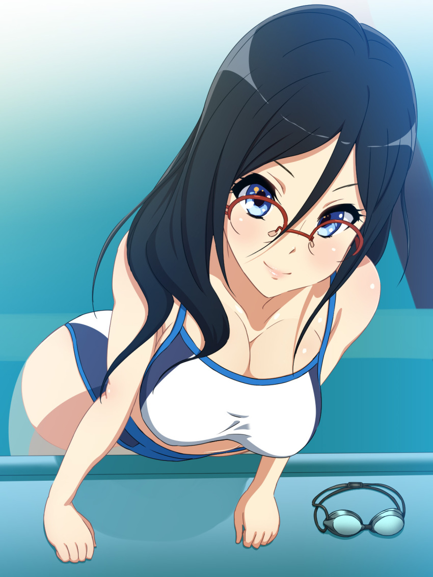 1girl bare_shoulders black_hair blue_eyes blush breasts cleavage female glasses goggles gradient gradient_background hibike!_euphonium large_breasts legs long_hair looking_at_viewer over-rim_glasses partially_submerged pool red-framed_glasses semi-rimless_glasses shiny shiny_skin smile solo standing swimsuit tanaka_asuka thighs water yuki_(12cut)