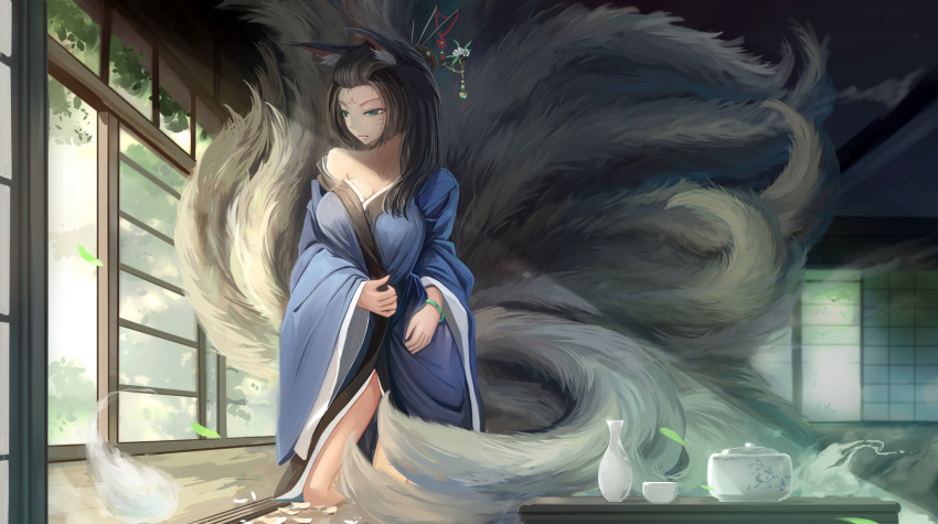 1girl animal_ears bare_shoulders black_hair bottle bracelet breasts cleavage facial_mark female forehead_mark fox_ears fox_tail ghost green_eyes hair_ornament highres indoors japanese_clothes jewelry kikivi kimono kitsune kneeling large_breasts long_hair monster_girl multiple_tails off_shoulder original petals sake_bottle slit_pupils solo tail traditional_clothes undressing