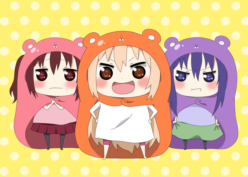 3girls :d :i animal_hood artist_request blush blush_stickers brown_eyes casual chibi doma_umaru ebina_nana female hamster_costume himouto!_umaru-chan hood light_brown_hair looking_at_another motoba_kirie multiple_girls no_shoes open_mouth pleated_skirt polka_dot polka_dot_background red_eyes shorts skirt smile twintails violet_eyes wavy_mouth yellow_background