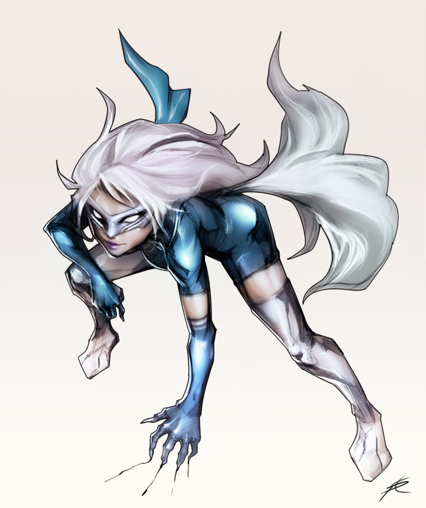 1girl claws closed_mouth elbow_gloves female gloves gradient gradient_background long_hair marvel phantom_ix_row purple_lips smile solo tail thigh-highs white_background white_fox white_hair white_legwear