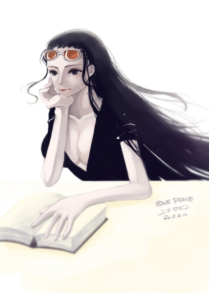 1girl black_eyes black_hair black_shirt book breasts center_opening chin_rest collarbone eyelashes female glasses glasses_on_head hair_slicked_back long_hair looking_to_the_side nico_robin one_piece open_book revealing_clothes shirt short_sleeves simple_background solo sunglasses sunglasses_on_head upper_body white_background