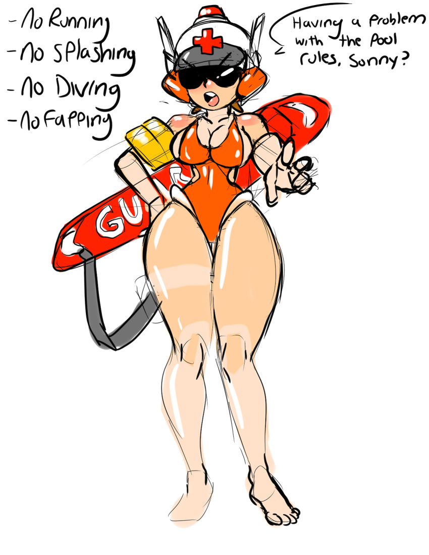 1girl breasts cleavage keppok lifeguard looking_at_viewer mighty_switch_force! patricia_wagon simple_background solo sunglasses swimsuit wide_hips