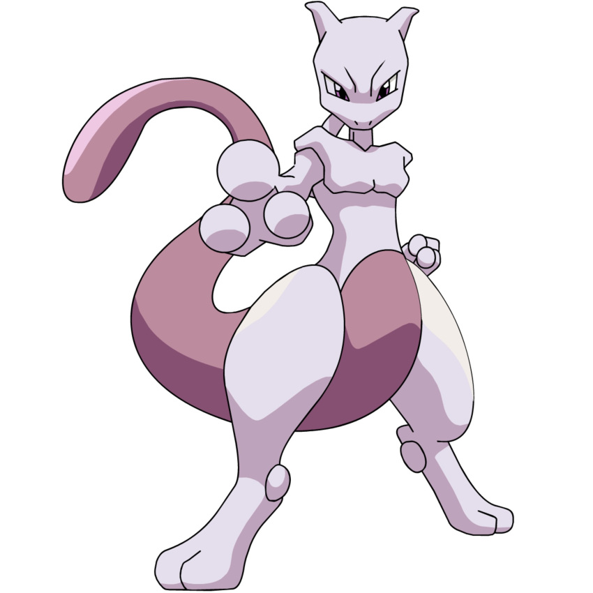 looking_at_viewer mewtwo nintendo no_humans official_art pokemon pose serious simple_background solo tail
