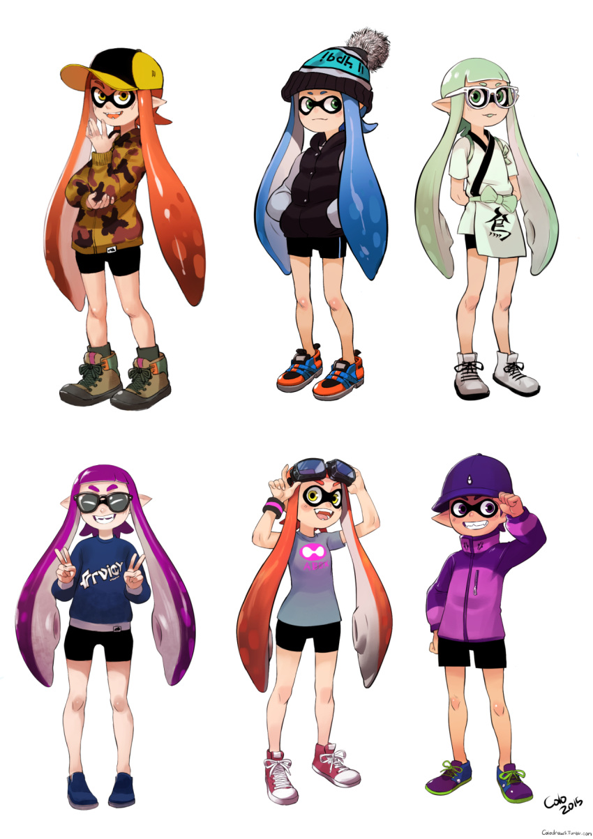 6+girls alternate_costume beanie camo_print colo_(nagrolaz) fangs glasses goggles goggles_on_head hat inkling jacket multiple_girls pointy_ears simple_background smile splatoon sunglasses sweater tentacle_hair v wristband