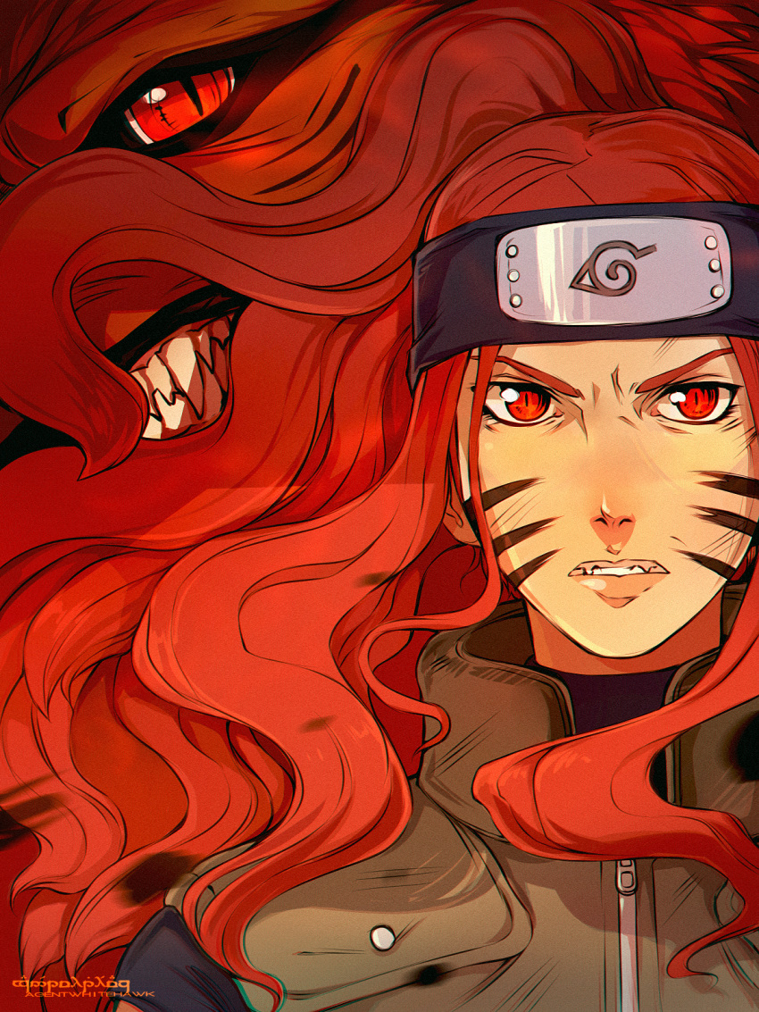 1girl agentwhitehawk angry facial_mark fangs forehead_protector glowing glowing_eyes kurama_(naruto) looking_at_viewer monster naruto naruto_shippuuden red_eyes redhead slit_pupils uzumaki_kushina whiskers zipper