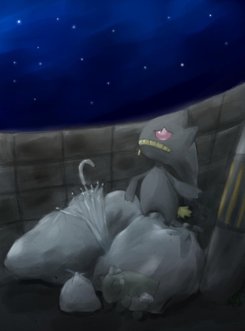 banette closed_umbrella doll garbage ghost night no_humans pokemon red_eyes sky solo star substitute umbrella zipper