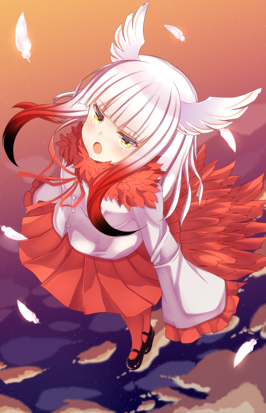 1girl absurdres bangs bird_tail black_shoes blunt_bangs clouds crested_ibis_(kemono_friends) eyebrows_visible_through_hair feathers flying from_above head_wings highres kemono_friends long_sleeves looking_at_viewer medium_hair multicolored_hair open_mouth pleated_skirt red_legwear red_skirt shirt shoes silver_hair skirt sky sleeves_past_wrists solo two-tone_hair white_shirt wosero yellow_eyes