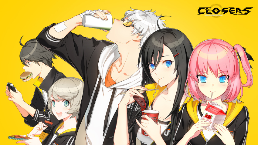 2girls 3boys closers everyone j_(closers) mistilteinn_(closers) multiple_boys multiple_girls official_art seha_lee seulbi_lee simple_background wallpaper yuri_seo