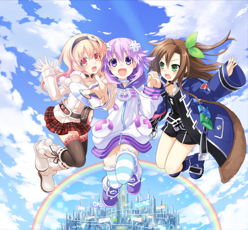 3girls absurdres blush choujigen_game_neptune clouds compa game_cg hand_holding highres if_(choujigen_game_neptune) multiple_girls neptune_(choujigen_game_neptune) neptune_(series) rainbow