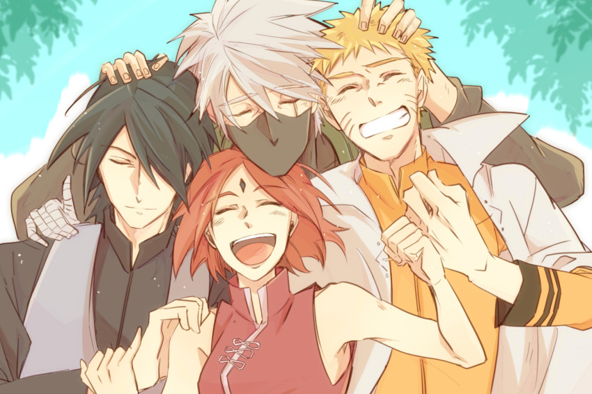 1girl 3boys cape closed_eyes facial_mark forehead_mark half_mask happy haruno_sakura hatake_kakashi husband_and_wife multiple_boys naruto older scar simple_background smile spiky_hair uchiha_sasuke uzumaki_naruto whiskers yuuki_chitose