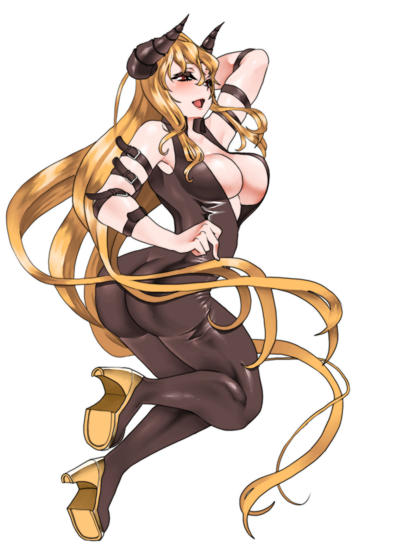1girl ass blonde_hair bodysuit breasts brown_eyes cleavage demon_girl female horns large_breasts long_hair open_mouth simple_background smh1069 solo