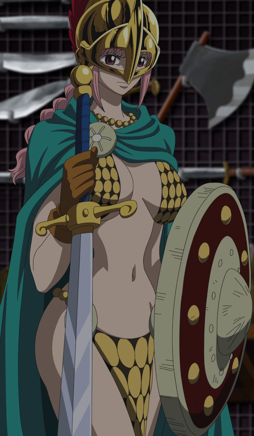 1girl armor bare_legs bikini_armor braid breasts cape curvy dressrosa dungeon female gladiator gloves gradient gradient_background helmet large_breasts long_hair navel one_piece pink_hair rebecca_(one_piece) screencap shield solo standing stitched sword weapon