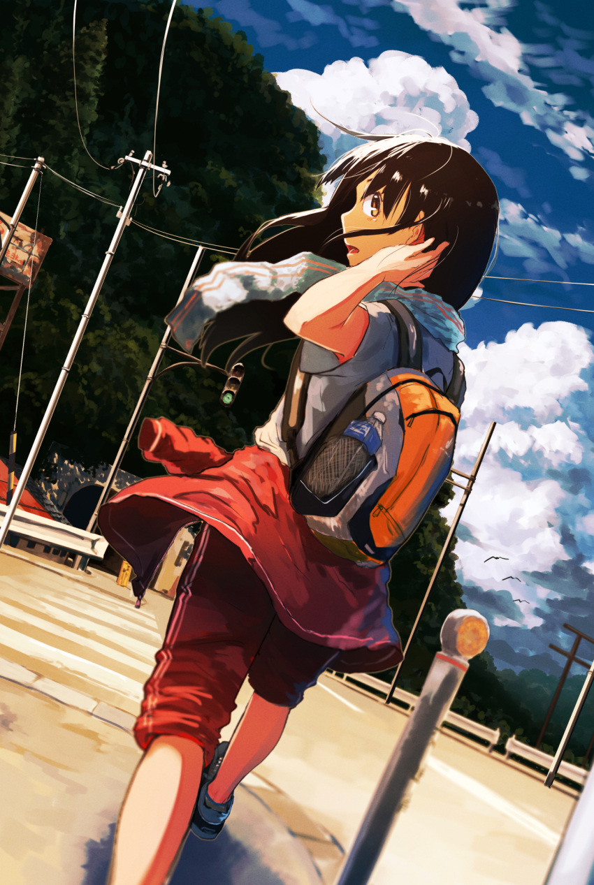 1girl armpit_peek backpack bag bird black_hair blue_sky bottle brown_eyes clothes_around_waist clouds female from_behind hakuto_173 highres inami_hatoko jacket_around_waist landscape long_hair looking_back mountain nature open_mouth original outdoors pants pants_rolled_up power_lines red_pants road scenery shirt short_sleeves sign sky solo standing straight_hair street t-shirt telephone_pole towel tree tunnel walking water_bottle white_shirt