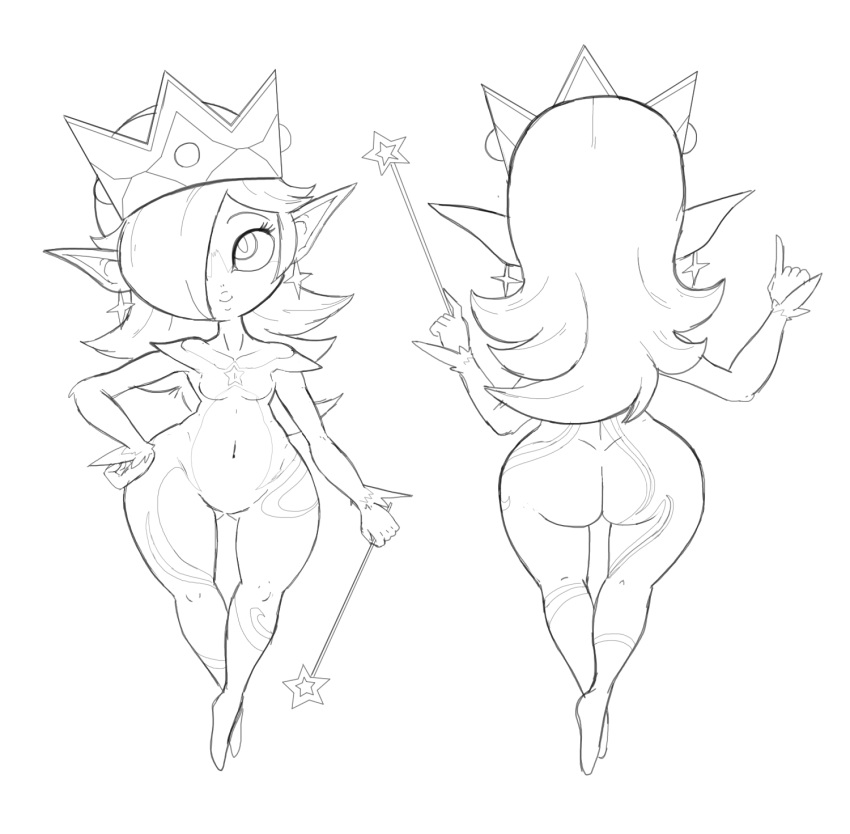 1girl ass breasts crown earrings female hair_over_one_eye huge_ass imp index_finger_raised jewelry lips looking_at_viewer monochrome monster_girl nintendo outta_sync pointy_ears rosetta_(mario) sketch small_breasts solo super_mario_bros. super_mario_galaxy wand wide_hips