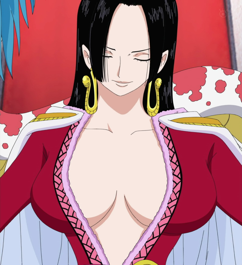 1girl amazon amazon_lily black_hair boa_hancock breasts closed_eyes earrings female gradient gradient_background jewelry one_piece screencap solo stitched upper_body
