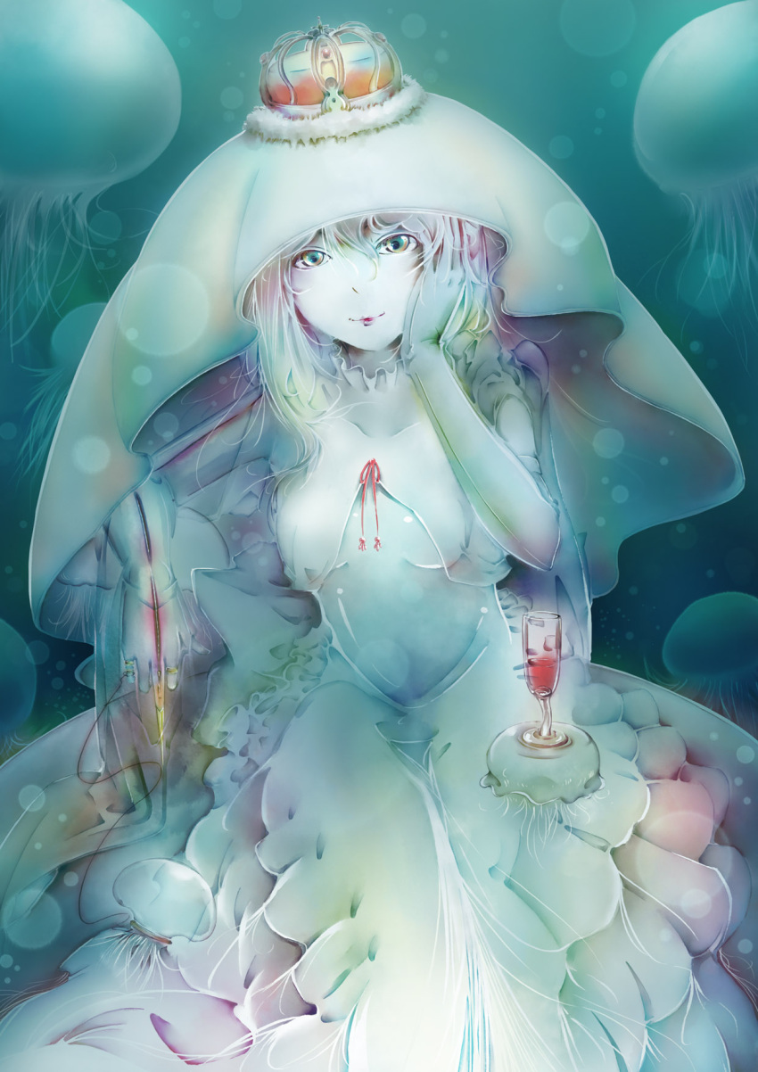 1girl a-type_corporation animal crown female gradient gradient_background jellyfish monster_girl original pale_skin silver_hair