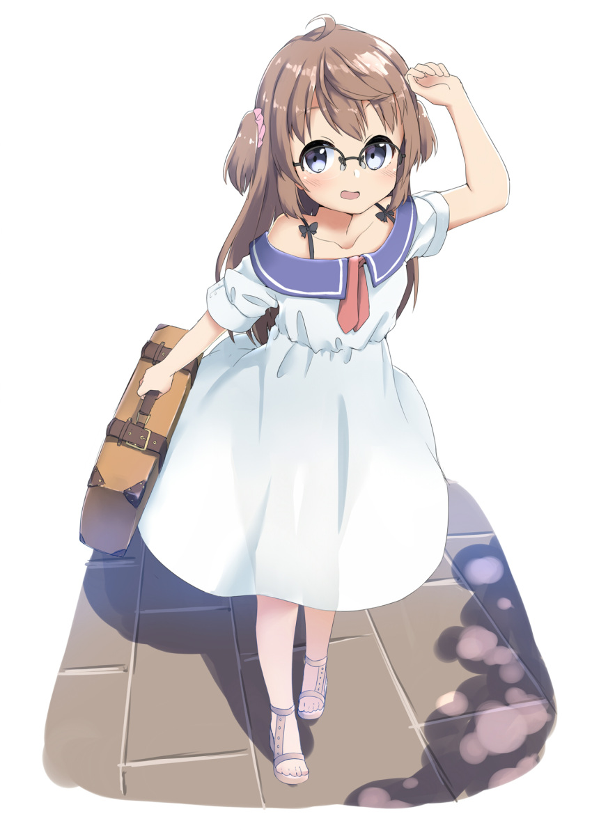 1girl ahoge arm_up bangs bare_shoulders blue_eyes blush brown_hair collarbone day dress highres holding long_hair looking_at_viewer open_mouth original outdoors sandals sekira_ame simple_background smile solo standing suitcase tareme two_side_up white_background white_dress