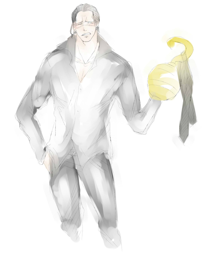 1boy amputee hand_in_pocket male_focus necktie necktie_removed one_piece open_collar prosthetic scar simple_background sir_crocodile sketch solo standing wink yellow_eyes