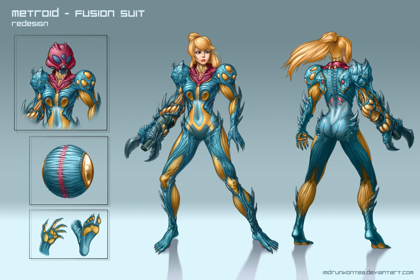 1girl adapted_costume arm_cannon ass blonde_hair brandon_dunn character_sheet claws fusion_suit gradient gradient_background metroid metroid_fusion ponytail power_armor redesign samus_aran weapon