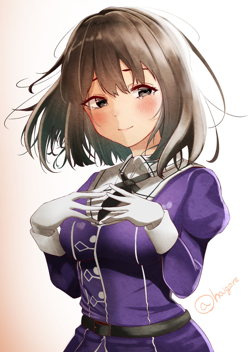 1girl absurdres black_hair brown_eyes chiaki_(haigore) commentary_request fingers_together gloves gradient gradient_background haguro_(kantai_collection) hair_ornament highres kantai_collection looking_at_viewer military military_uniform remodel_(kantai_collection) short_hair smile solo twitter_username uniform upper_body white_background white_gloves