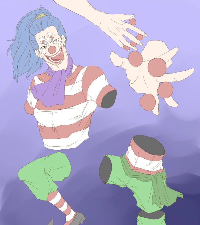 1boy blue_hair buggy_the_clown clown cravat disembodied_limb dismembered gradient gradient_background long_hair male_focus one_piece ponytail sash shirt solo striped_legwear striped_shirt tongue two-tone_stripes