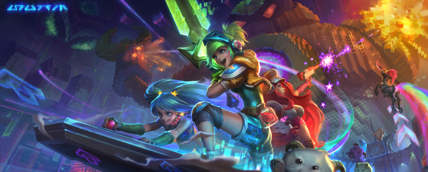 3girls alternate_costume centaur cropped_jacket explosion glowing glowing_weapon gun hat hecarim league_of_legends licking_lips monster multiple_girls pixelated rainbow riven_(league_of_legends) sarah_fortune sona_buvelle su-ke sword tongue tongue_out weapon