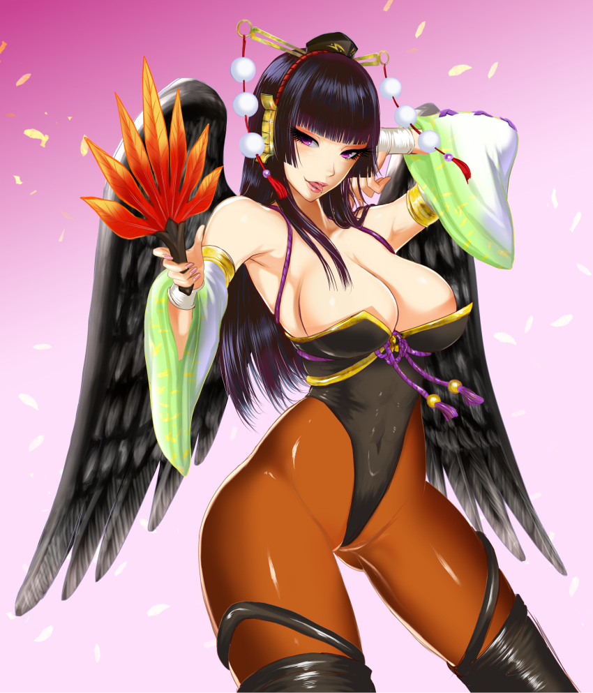 1girl bangs black_hair black_legwear blunt_bangs breasts brown_legwear cleavage covered_navel dead_or_alive dead_or_alive_5 detached_sleeves eyelashes fan female gradient gradient_background hat highleg highleg_leotard highres hime_cut kamitsuki_manmaru large_breasts leotard licking_lips lips lipstick long_hair makeup mole mole_under_mouth naughty_face no_bra nyotengu pantyhose petals solo strapless thigh-highs thighhighs_over_pantyhose tokin_hat tongue tongue_out violet_eyes