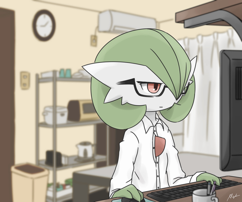 artist_request bad_id bespectacled clock computer expressionless gardevoir glasses green_hair keyboard no_humans pen pokemon red_eyes short_hair signature sitting solo