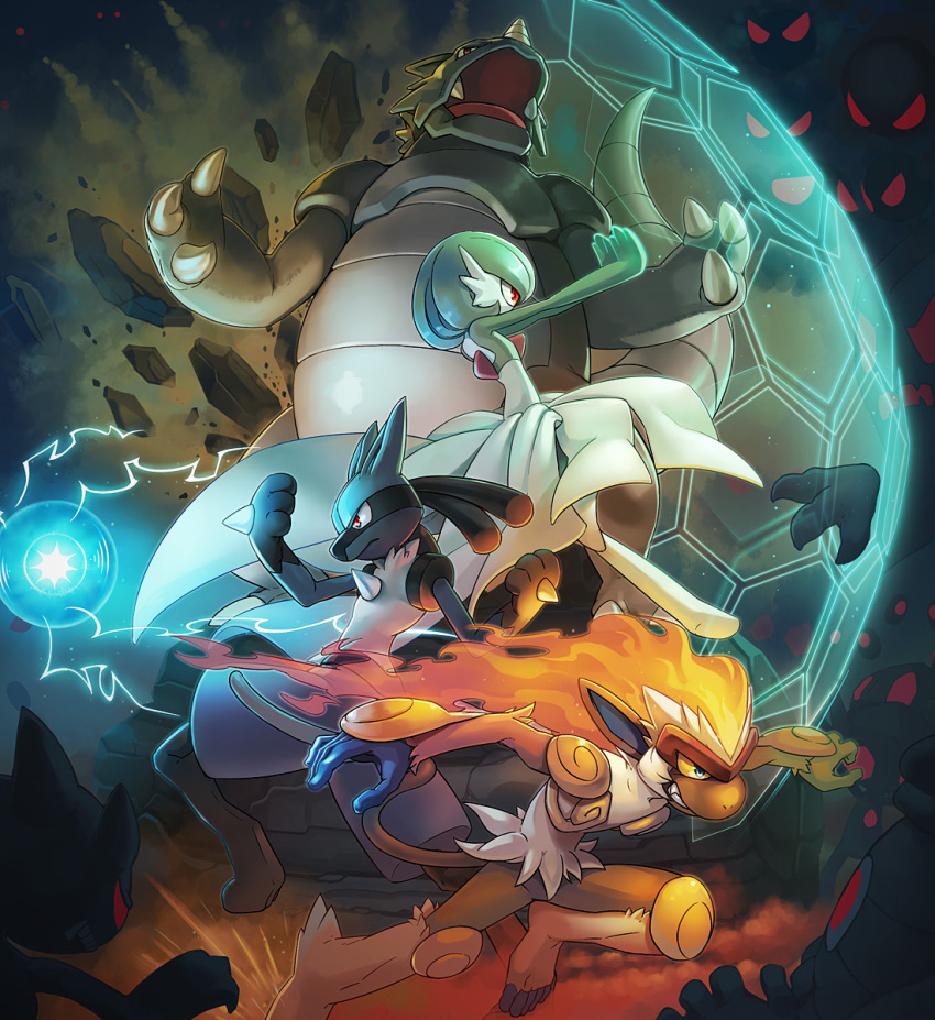 banette battle claws dark_background destruction dusclops energy_ball energy_shield fangs fighting_stance fire gardevoir gastly glowing glowing_eyes gradient gradient_background green_hair horn infernape lucario nintendo no_humans pokemon red_eyes rhydon rock sableye sharp_teeth short_hair tail teeth tori_otoko