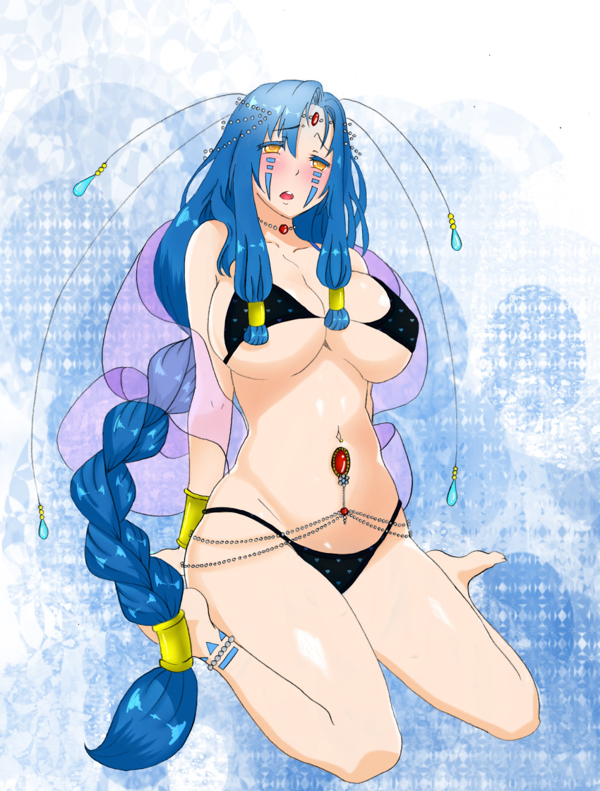 1girl bikini blue_hair braid breasts cleavage facial_mark jewelry large_breasts long_hair open_mouth swimsuit under_boob very_long_hair