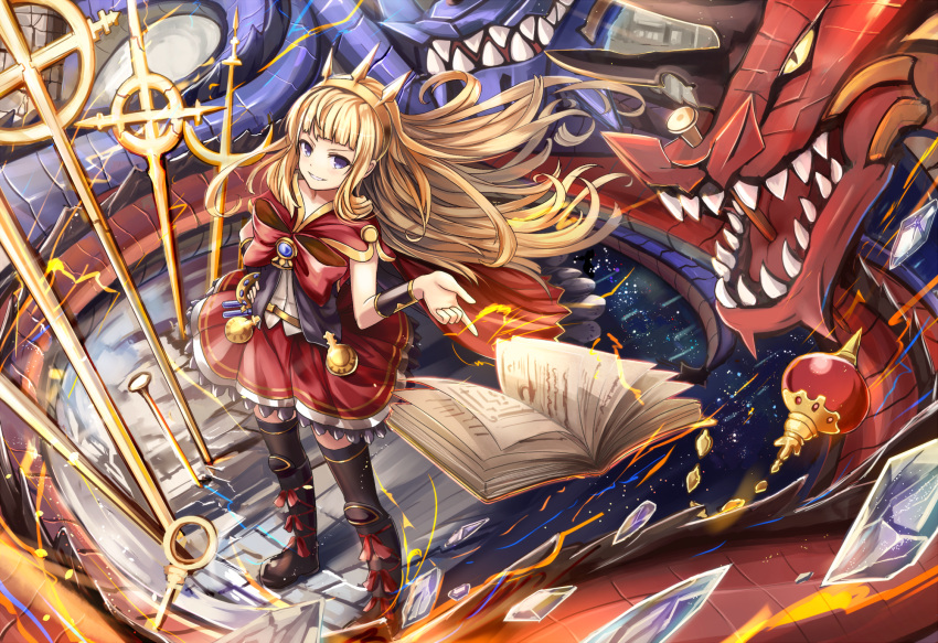 1girl blonde_hair blue_eyes book boots cagliostro_(granblue_fantasy) dragon dress from_above granblue_fantasy highres long_hair ouroboros_(granblue_fantasy) sakura_ani smile thigh-highs thigh_boots
