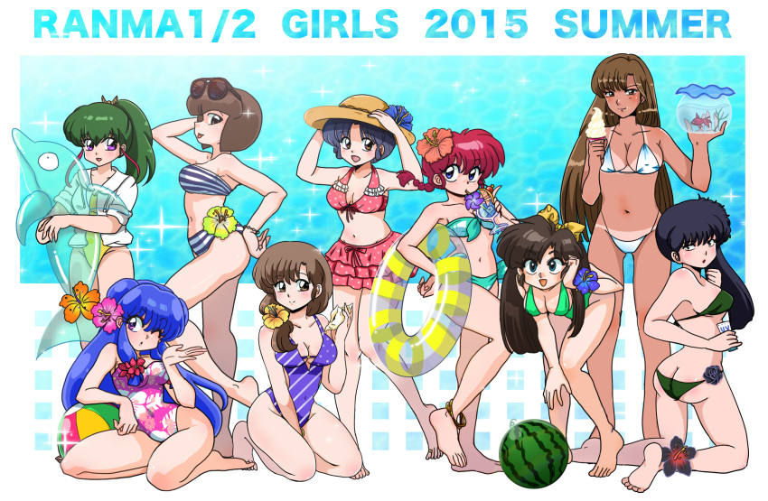 10s 2015 6+girls ass bikini black_hair blue_eyes blue_hair blush braid breasts brown_eyes brown_hair butt_crack cleavage collaboration covered_navel fish genderswap gradient gradient_background green_hair hair_ornament hair_ribbon highres innertube kneeling kunou_kodachi kuonji_ukyou leaning_forward long_hair looking_at_viewer multiple_girls ninomiya_hinako open_mouth purple_hair ranma-chan ranma_1/2 redhead ribbon rio_(mintboo) saotome_ranma shampoo_(ranma_1/2) siblings single_braid sisters sitting smile standing swimsuit tanline tendou_akane tendou_kasumi tendou_nabiki unryuu_akari violet_eyes wantan-orz watermelon