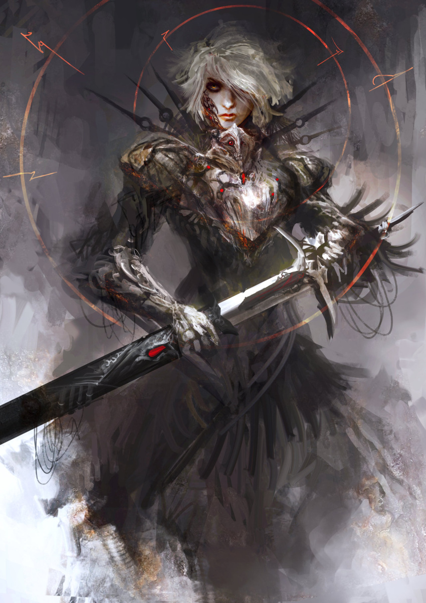 1girl armor armored_dress daniel_kamarudin fate/stay_night fate_(series) glowing gradient gradient_background hair_over_one_eye saber saber_alter sheath short_hair solo sword yellow_eyes