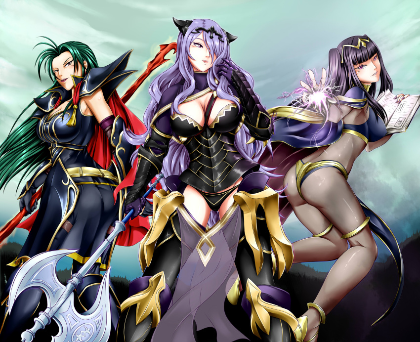 3girls armor ass axe black_hair bodystocking book breasts camilla_(fire_emblem_if) cape cleavage detached_leggings fire_emblem fire_emblem:_kakusei fire_emblem:_souen_no_kiseki fire_emblem_if glowing glowing_weapon gradient gradient_background green_hair magic multiple_girls nintendo prague_(fire_emblem) purple_hair spear tharja weapon yomitrooper