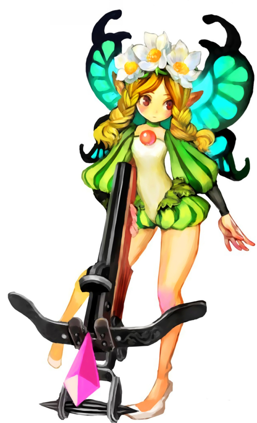 1girl blonde_hair blush bow_(weapon) crossbow fairy odin_sphere official_art pointy_ears red_eyes simple_background solo weapon wings