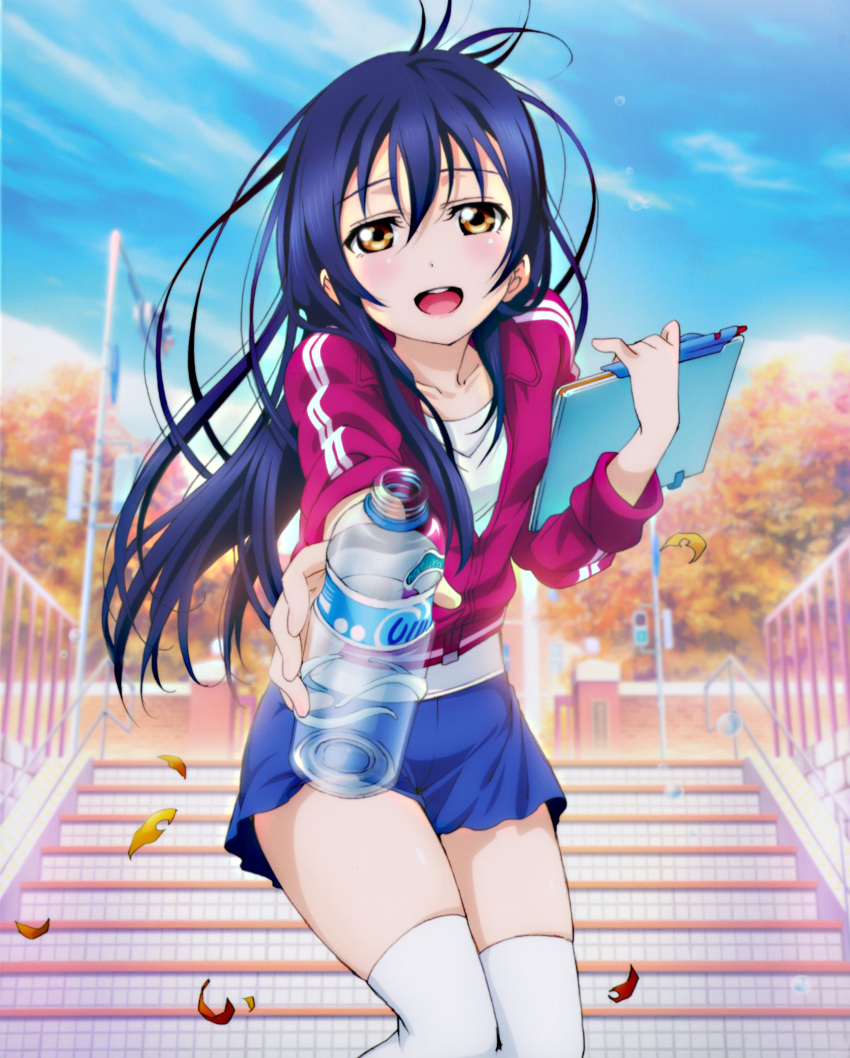 1girl artist_request beverage blue_hair blush brown_eyes female happy jacket long_hair love_live!_school_idol_project official_art shorts sky sonoda_umi thigh-highs tree