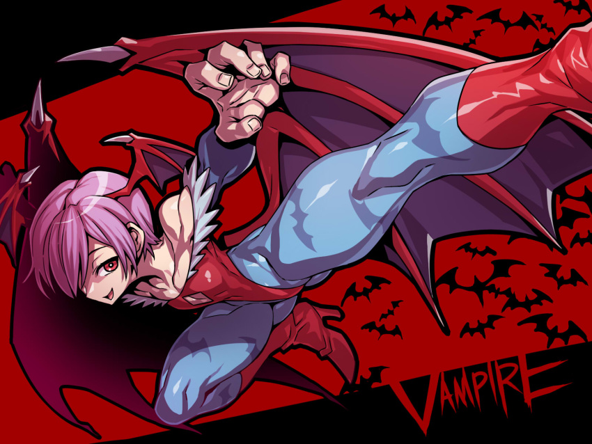 1girl :d action animal_print ass bat_background bat_print bat_wings black_background cleavage_cutout clothing_cutout collarbone copyright_name covered_navel demon_girl fingernails flat_chest foreshortening hair_over_one_eye head_wings high_heels highres kicking leotard lilith_aensland looking_at_viewer low_wings midair open_mouth pantyhose pose print_legwear purple_hair red_background red_eyes red_footwear red_leotard shiny shiny_clothes short_hair simple_background smile thick_thighs thighs tukiwani two-tone_background vampire_(game) wide_hips wings