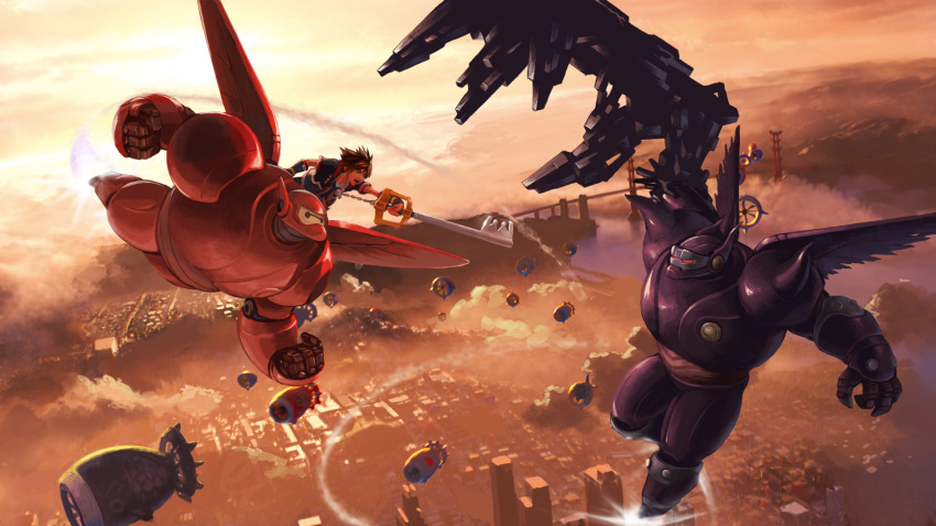 1boy battle baymax big_hero_6 city dark_persona disney epic flying highres keyblade kingdom_hearts kingdom_hearts_iii marvel nomura_tetsuya official_art robot scenery sora_(kingdom_hearts) sunset weapon wings