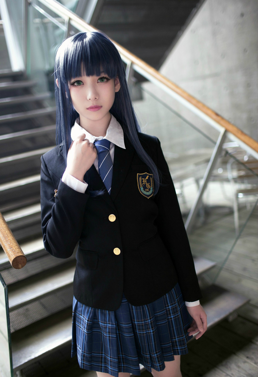 1girl blue_hair cosplay green_eyes japanese photo school school_uniform solo touma_kazusa white_album_2