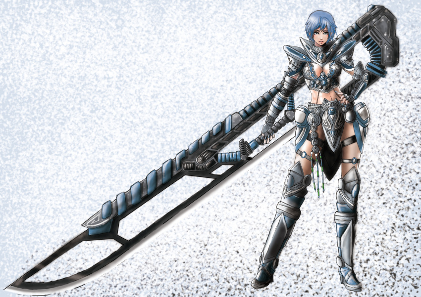 1girl armor blue_hair breasts cleavage huge_sword huge_weapon knight short_hair solo sword weapon