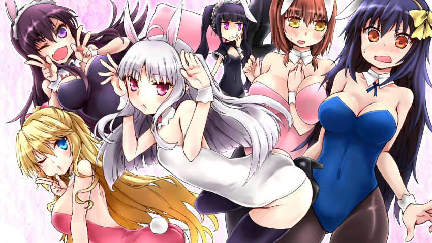 6+girls absolute_duo animal_ears ass back bare_shoulders between_breasts black_hair blonde_hair blue_eyes blue_hair blush breasts brown_eyes brown_hair bunny_tail bunnysuit cleavage detached_collar flat_chest gradient gradient_background hair_ornament hairband high_heels hotaka_miyabi large_breasts leotard lilith_bristol long_hair looking_at_viewer multiple_girls navel one_eye_closed open_mouth pantyhose pink_eyes purple_hair rabbit_ears ribbon shoes short_hair sideboob smile tachibana_tomoe_(absolute_duo) tail thigh-highs tsukimi_rito tsukumo_sakuya twintails v violet_eyes white_hair wink wrist_cuffs yellow_eyes yurie_sigtuna