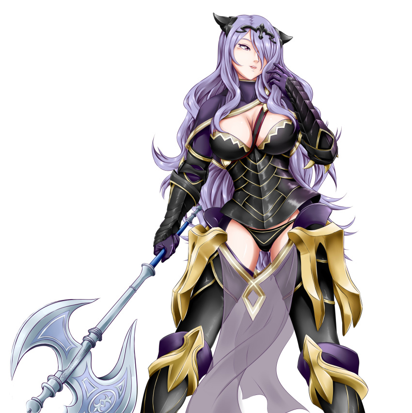 1girl axe breasts camilla_(fire_emblem_if) cleavage fire_emblem fire_emblem_if hair_over_one_eye purple_hair simple_background solo tiara weapon yomitrooper